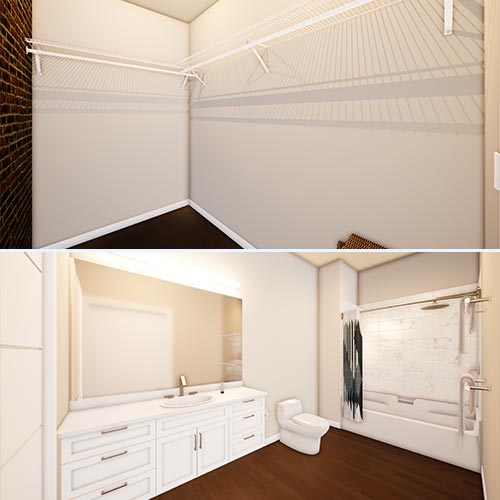 Computer Rendering of apartment tour - bathroom and walk in closet
